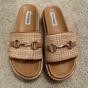 Steve Madden Tan Woven Mules with Gold Accent